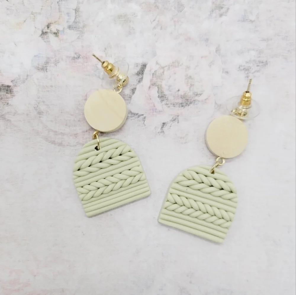 Boho green and‎ cream color Geometric drop medium size earrings